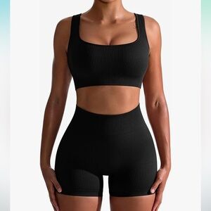 Amazon brand women’s black ribbed 2 piece high waisted sports bra & bike shorts.
